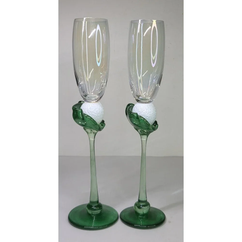 Pair Vintage Hand Blown Brioni Glass The Perfect Lie Champagne Flutes Golf Ball
